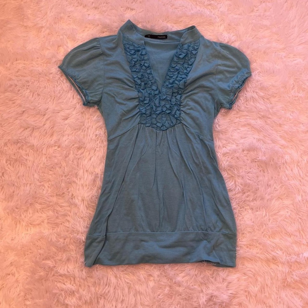 Y2K Blue Ruffle V-Neck Cap Sleeve Babydoll Top Small